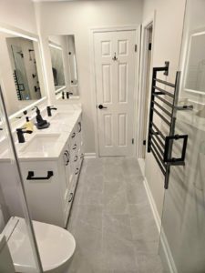 about kitchens and baths bathroom design with marble countertops and matte black fixtures